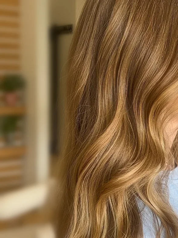 Golden copper tones blended through long waves, colored by Amy Kurtz